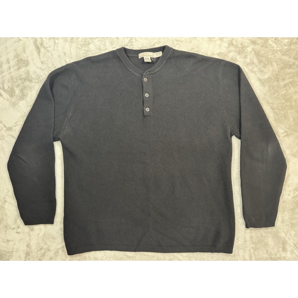 VTG Eddie Bauer AKA Sweater Mens XL Black Lambswool Henley Banded Bottom